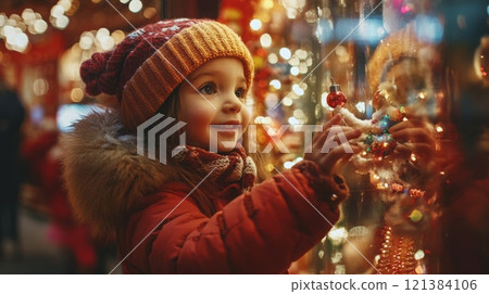 A delighted young girl wearing a warm red coat and knitted hat gazes at colorful decorations in a winter market. The twinkling lights create a magical atmosphere, filling her with joy and wonder. 121384106
