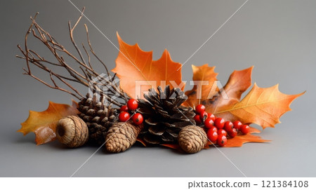 An elegant display of autumn leaves, pine cones, and red berries arranged artfully against a neutral gray backdrop. 121384108