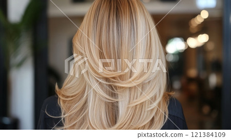 A person with long, layered blonde hair stands in a contemporary salon. The warm tones and smooth texture showcase professional hairstyling, emphasizing effortless elegance and shine. 121384109
