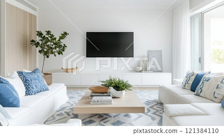 A stylish living room features white sofas accented with blue pillows, a large coffee table, and indoor plants, illuminated by natural light from large windows, creating a welcoming atmosphere. 121384110