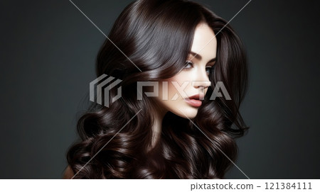 A woman showcases her long, flowing dark hair styled in soft waves, with a serious expression and minimal makeup in a studio setting. 121384111
