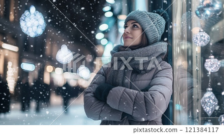 A young woman stands outside, gazing thoughtfully at the snowfall while wrapped warmly in a coat and scarf. She is surrounded by festive decorations that shimmer in the evening light. 121384117