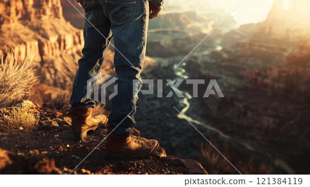 A figure stands on a rocky ledge, gazing at the vast Grand Canyon as the sun sets, casting an orange glow over the rugged terrain. A figure stands on a rocky ledge, gazing at the vast Grand Canyon as the sun sets, casting an orange glow over the rugged terrain. 121384119