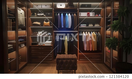 A well-lit walk-in closet displays neatly arranged clothes, shoes, and bags on wooden shelves and hangers. A well-lit walk-in closet displays neatly arranged clothes, shoes, and bags on wooden shelves and hangers. 121384120