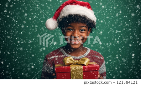 A cheerful child wearing a festive Santa hat smiles brightly while holding a beautifully wrapped gift. Snowflakes fall gently around them, creating a joyful holiday atmosphere. A cheerful child wearing a festive Santa hat smiles brightly while holding a beautifully wrapped gift. Snowflakes fall gently around them, creating a joyful holiday atmosphere. 121384121