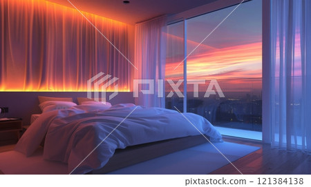 A serene bedroom basking in the twilight hues of sunset, featuring a view of the ocean through floor-to-ceiling windows. 121384138