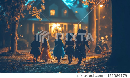 A group of five children dressed in various costumes strolls down a tree-lined path, heading toward a cozy house glowing with warm light as autumn leaves fall around them. 121384179