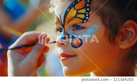 A young girl has her face painted with a colorful butterfly design at a vibrant outdoor festival. 121384205