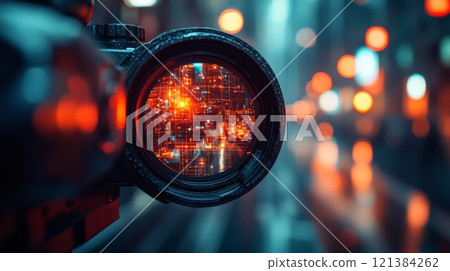 The close-up of a camera lens highlights colorful reflections of city lights amidst a rainy atmosphere, creating a captivating urban vibe after dark. 121384262