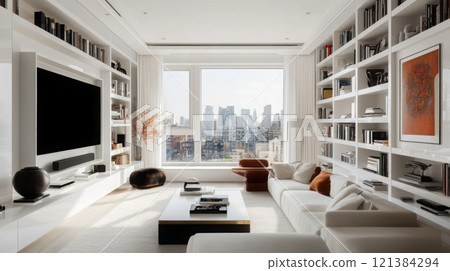 A white living room with a large window overlooking a city skyline. There are white bookshelves on either side of the room A white living room with a large window overlooking a city skyline. There are white bookshelves on either side of the room 121384294