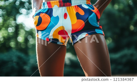A person stands outdoors, displaying colorful swim shorts adorned with abstract patterns under bright sunlight 121384367