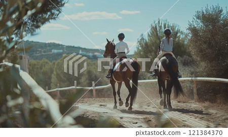 Two riders enjoy a leisurely horseback ride on a dusty trail surrounded by trees and hills under a clear blue sky. Two riders enjoy a leisurely horseback ride on a dusty trail surrounded by trees and hills under a clear blue sky. 121384370