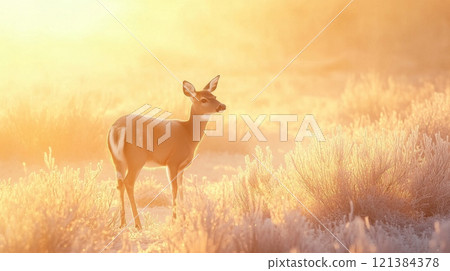 A deer stands in a field of tall grass, lit by the golden glow of the morning sun. The grass is covered in frost. A deer stands in a field of tall grass, lit by the golden glow of the morning sun. The grass is covered in frost. 121384378