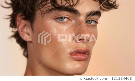 A young man with brown hair and blue eyes is applying skincare to his face. A young man with brown hair and blue eyes is applying skincare to his face. 121384408