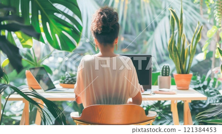 A woman sits at a desk surrounded by lush green plants, working on a laptop computer. 121384453