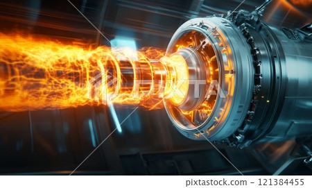 A powerful rocket engine produces bright flames and intense heat in a modern laboratory. The innovative design highlights advanced technology, showcasing the engine's complexity and energy output. 121384455