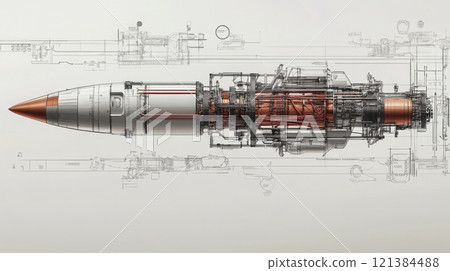 This illustration shows a detailed cross-section of a missile, revealing its internal structure and essential components, highlighting advanced engineering and technology. 121384488