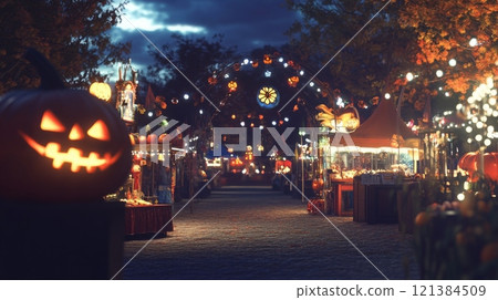 A vibrant Halloween market filled with carved pumpkins and colorful lights illuminates the evening sky, creating a festive atmosphere as visitors explore various stalls under a darkening twilight. 121384509