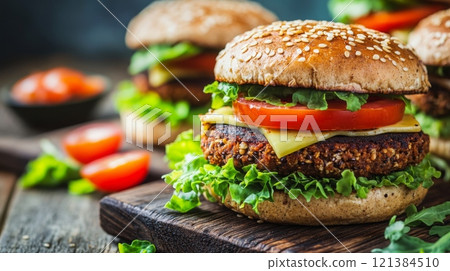 Succulent vegetarian burgers topped with cheese, tomatoes, and lettuce served on a wooden board with fresh salad ingredients. 121384510