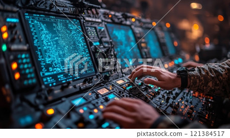 Technicians monitor and manage sophisticated equipment displays in a dimly lit command center, coordinating operations with precision and expertise. 121384517