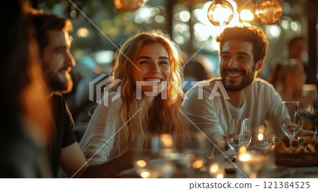 A group of friends sits at a beautifully set table, captured in a warm glow during sunset. Laughter and heartfelt smiles fill the air as they enjoy their meal together. 121384525
