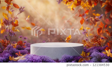 In a tranquil autumn setting, a circular pedestal is surrounded by colorful flowers and falling leaves, creating a peaceful atmosphere filled with warm hues of orange, yellow, and purple. 121384530