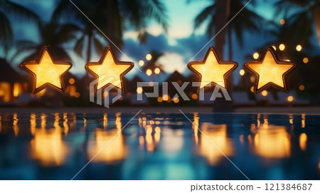 Golden star-shaped lights glow gently above a calm pool, reflecting on the water while palm trees sway in the evening breeze, creating a peaceful ambiance suitable for relaxation and enjoyment. 121384687
