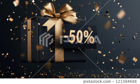 A stylish black gift box adorned with a golden ribbon and a large tag displaying a 50 discount. Golden confetti swirls around, creating a festive atmosphere that emphasizes celebration and savings. 121384688