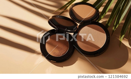 Two round compacts of bronzer, one with a darker brown shade and one with a lighter shade, sit on a light beige surface. The compacts are open and show the powder inside 121384692