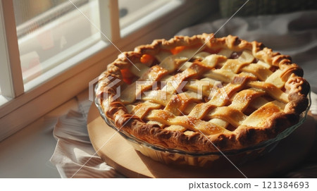 A golden-brown lattice apple pie rests on a wooden board, illuminated by sunlight streaming through a window. A golden-brown lattice apple pie rests on a wooden board, illuminated by sunlight streaming through a window. 121384693