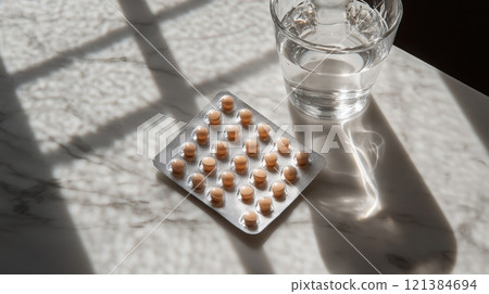 A blister pack filled with round, light-colored tablets rests on a marble table next to a clear glass of water. Soft sunlight casts gentle shadows, creating a calming atmosphere. 121384694