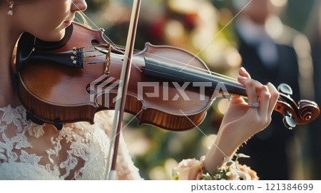 A bride in a lace gown plays the violin at an outdoor wedding ceremony, surrounded by floral arrangements and guests. 121384699