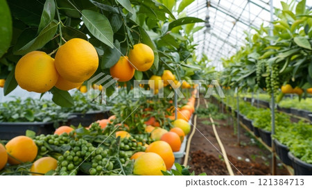 Lush orange trees filled with ripe fruit thrive in a well-lit greenhouse, surrounded by various green plants and vibrant foliage. 121384713