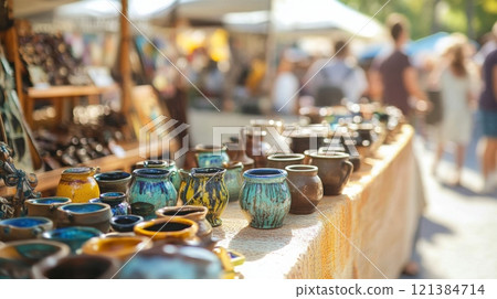 A variety of handcrafted pottery in different colors and sizes is showcased on a table at an outdoor market filled with visitors enjoying the sunny weather. 121384714