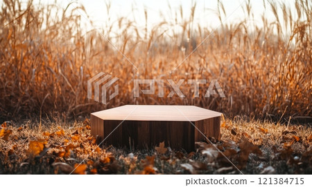 A hexagonal wooden table sits alone in a field of tall grass, with golden autumn leaves scattered around. The warm light of sunset highlights the natural beauty of the serene landscape. 121384715