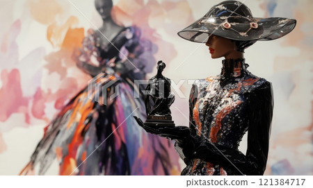 A mannequin dressed in a black, patterned dress and a large black hat with a decorative band is holding a small black sculpture in front of a large, colorful, abstract painting. 121384717