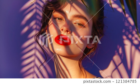 A woman with red lipstick and dark hair poses in front of a purple background with sunlight filtering through leafy branches. 121384785