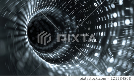 A swirling vortex of binary code, creating a tunnel effect with a black background. 121384808