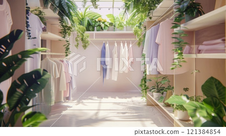 A room filled with numerous potted plants and clothes hanging on lines strung across the space. 121384854