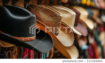 A collection of cowboy hats in different styles and colors is arranged neatly on a display in a Western shop. 121384864