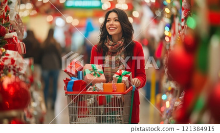 A young woman in a red sweater and scarf walks through a store, pushing a shopping cart full of wrapped gifts. The cart is overflowing with presents, and the woman is smiling broadly. A young woman in a red sweater and scarf walks through a store, pushing a shopping cart full of wrapped gifts. The cart is overflowing with presents, and the woman is smiling broadly. 121384915