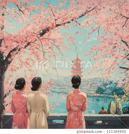 Illustration of people watching cherry blossoms 121384950