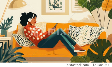 A young woman is comfortably seated on a bright yellow sofa, listening to music with headphones. The room is adorned with indoor plants, colorful artwork, and a warm lamp, creating a cozy atmosphere. 121384955