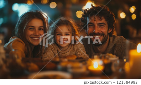 A joyful family is gathered around a table filled with food, sharing smiles and laughter in a cozy, warmly lit environment as they enjoy their evening together. 121384982
