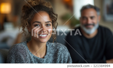 A cheerful woman sits in a cozy cafe, smiling warmly at the camera. Behind her, a man enjoys the ambiance, creating a relaxed and inviting atmosphere. 121384994