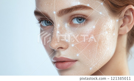 A young woman with clear, glowing skin poses while displaying intricate digital lines across her face, highlighting facial features. A young woman with clear, glowing skin poses while displaying intricate digital lines across her face, highlighting facial features. 121385011