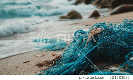 A blue fishing net lies abandoned on the sandy beach, surrounded by small rocks, as waves crash gently in the background during sunset. 121385021