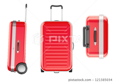 Red Suitcases with Wheels. Side, front and top views. Hardside Luggage with Spinner Wheels and Telescoping Handle, 3D rendering 121385034