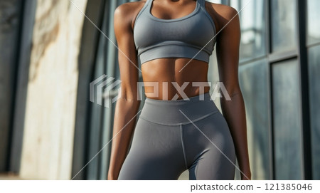 A fitness enthusiast stands confidently outdoors, dressed in a stylish athletic outfit. Sunlight illuminates the scene, highlighting her toned physique and the texture of her workout gear. 121385046