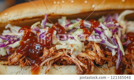A delicious pulled pork sandwich is served with fresh coleslaw and barbecue sauce, showcasing vibrant colors and textures. 121385048
